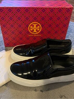 Tory Burch Black Patent Slip-On Sneakers with White Platform Soles